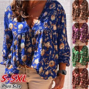 Personalized V-Neck Printed Long-Sleeve Blouse